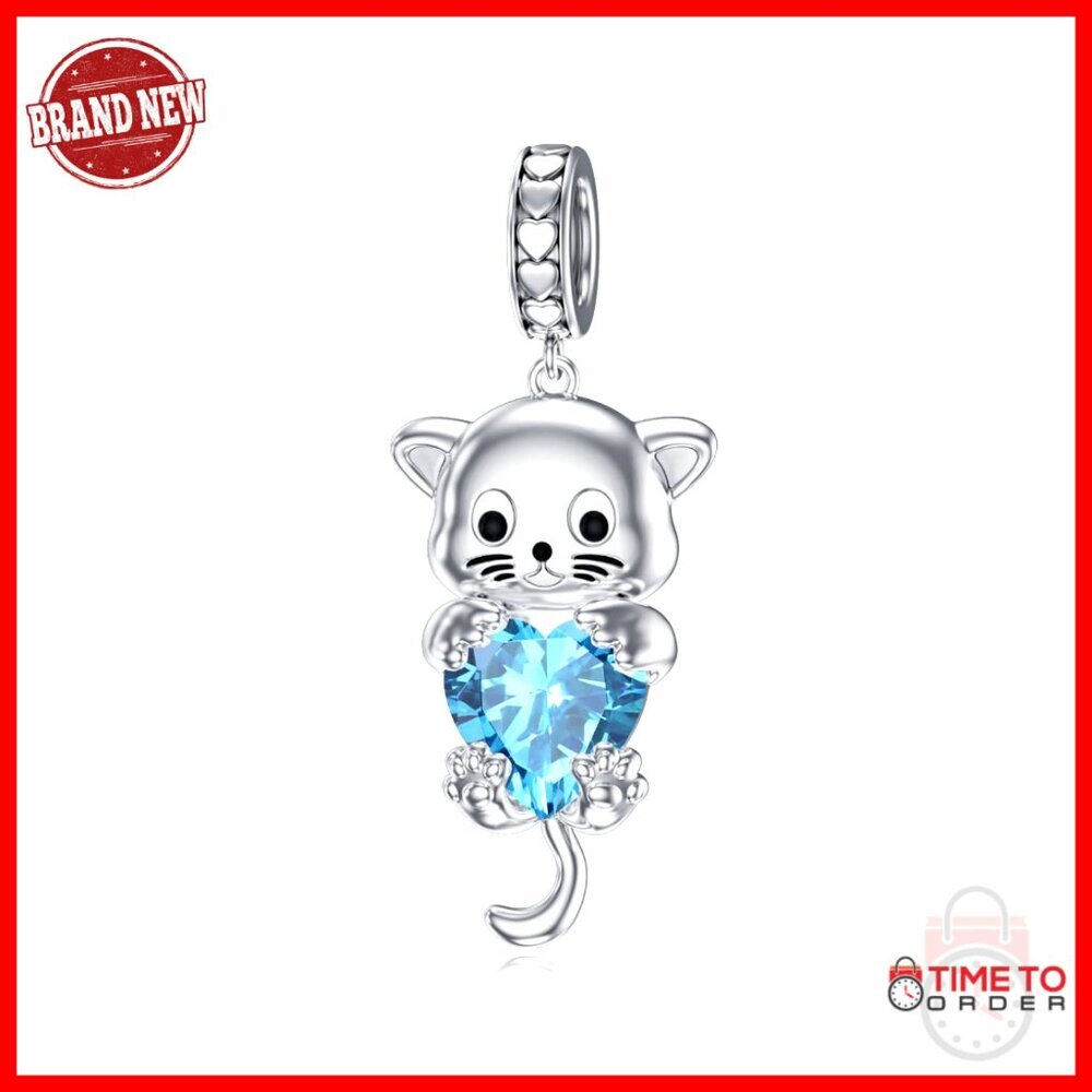 Sterling Silver Cat Charm with December Birthstone Bead for Bracelets